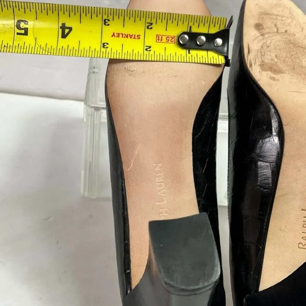 Ralph Lauren Pumps Womens 7AA Black Croc Print High Heel Square Toe Spain Made